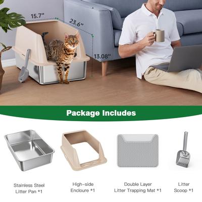Show full view: Petterm Stainless Steel Cat Litter Box with Scoop & Mat, Khaki, 23.6 x 13.1 x 15.7-in slide 6 of 6