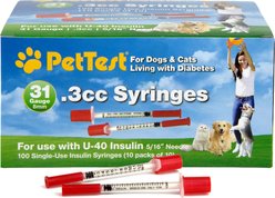 PetTest Insulin Syringes U-40 8mm x 31G with 1/2 Unit Markings, 0.3-cc, 100 syringes