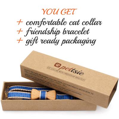 Show full view: Pettsie Bow Tie Cotton Breakaway Cat Collar with Friendship Bracelet, Blue, 8 to 11-in neck, 3/8-in wide slide 3 of 7