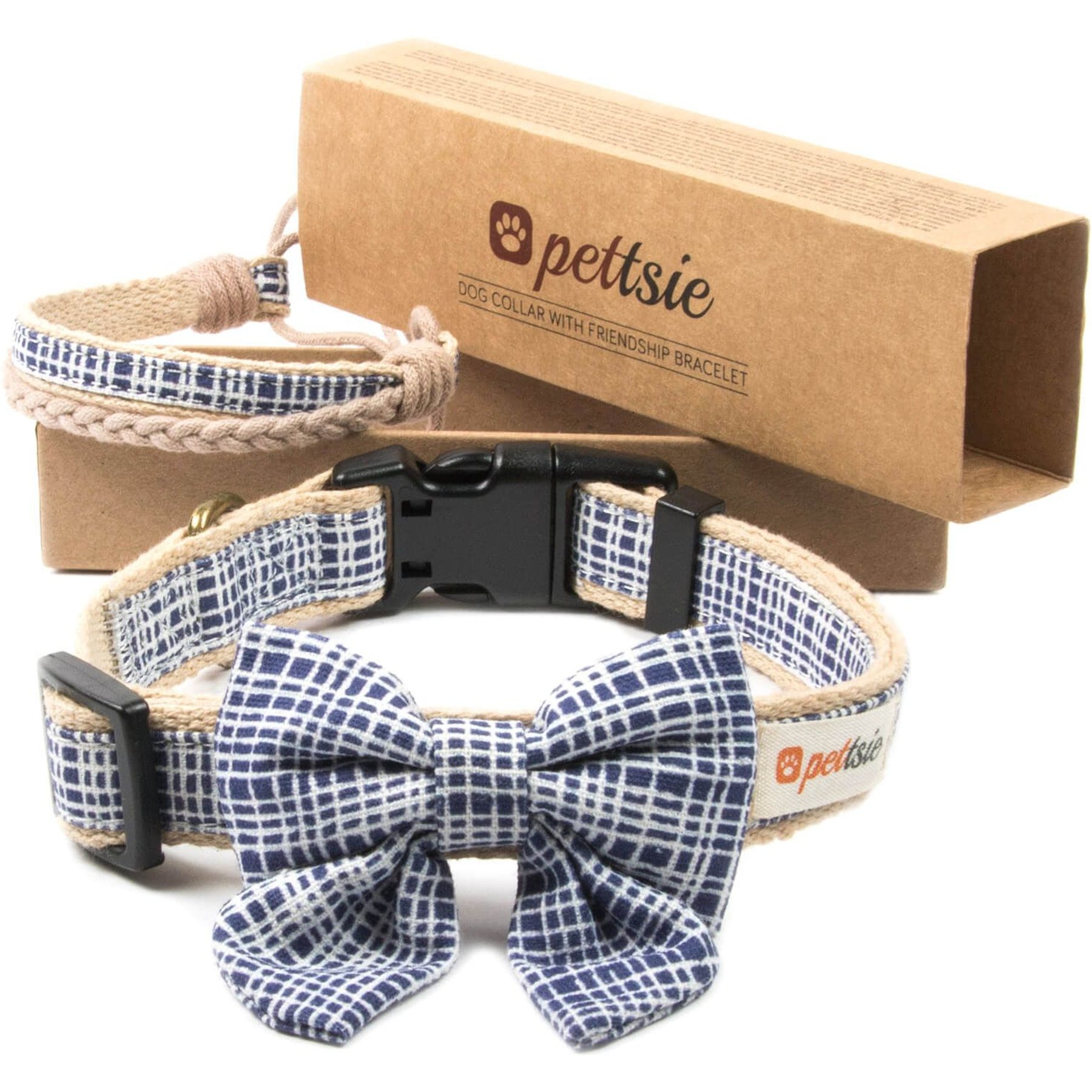 Pettsie Cotton Bow Tie Standard Dog Collar, Blue, Medium