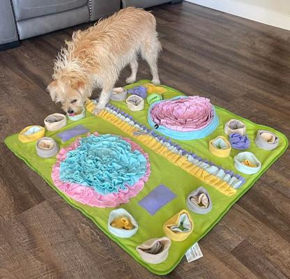Show full view: Piggy Poo and Crew Double Bowl Snuffle Mat with Treat Ball & Paper Crinkle Squeakers Farm Toy, Large slide 5 of 9