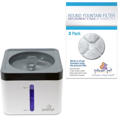 Pioneer Pet Pioneer Pet Mini Vortex Plastic Dog & Cat Water Fountain, White, 80-oz + Replacement, White, Small, 3 count