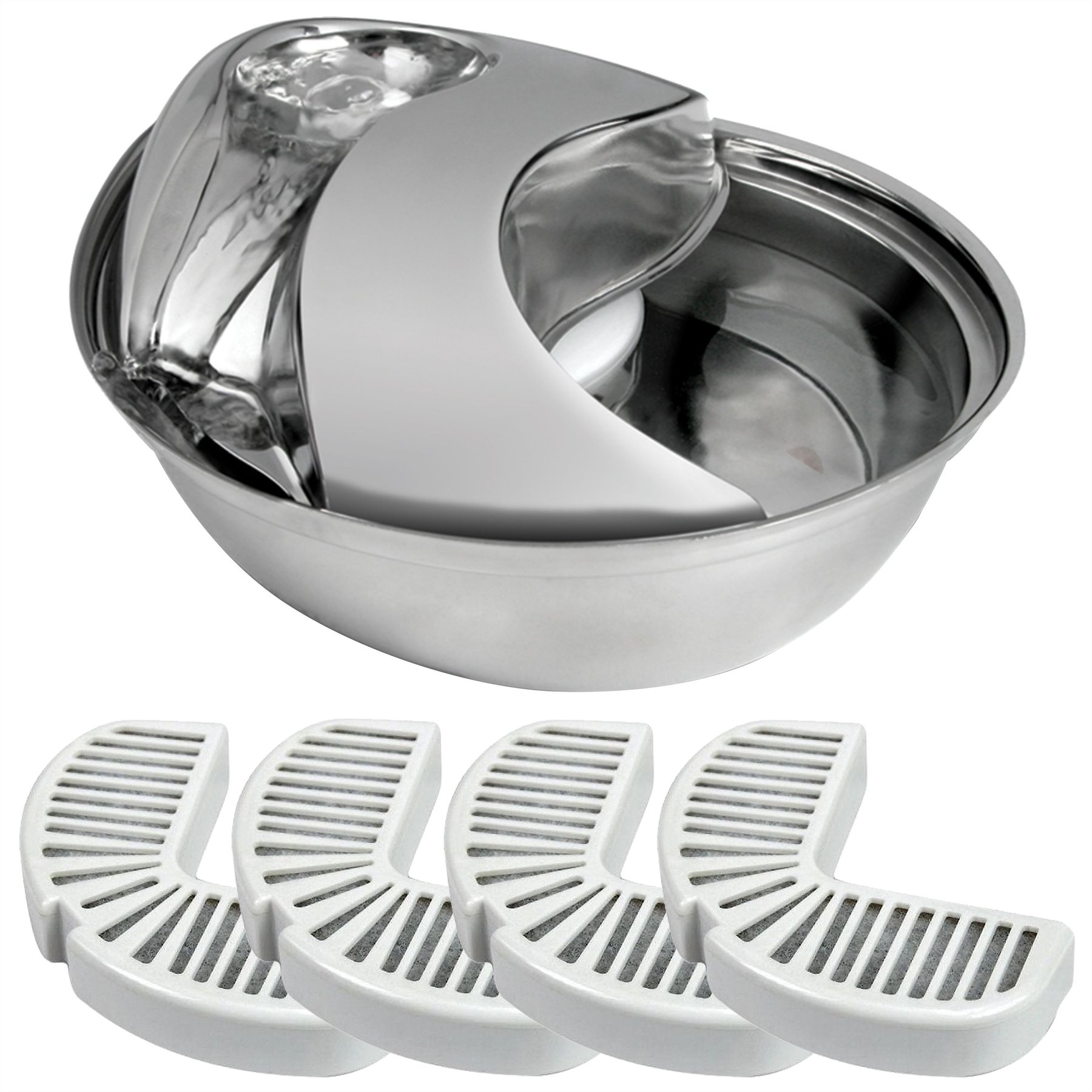 Pioneer Pet Stainless Steel Dog & Cat Fountain Raindrop Design, 60-oz + Replacement Filters for Ceramic & Stainless Steel Fountains, 4 pack