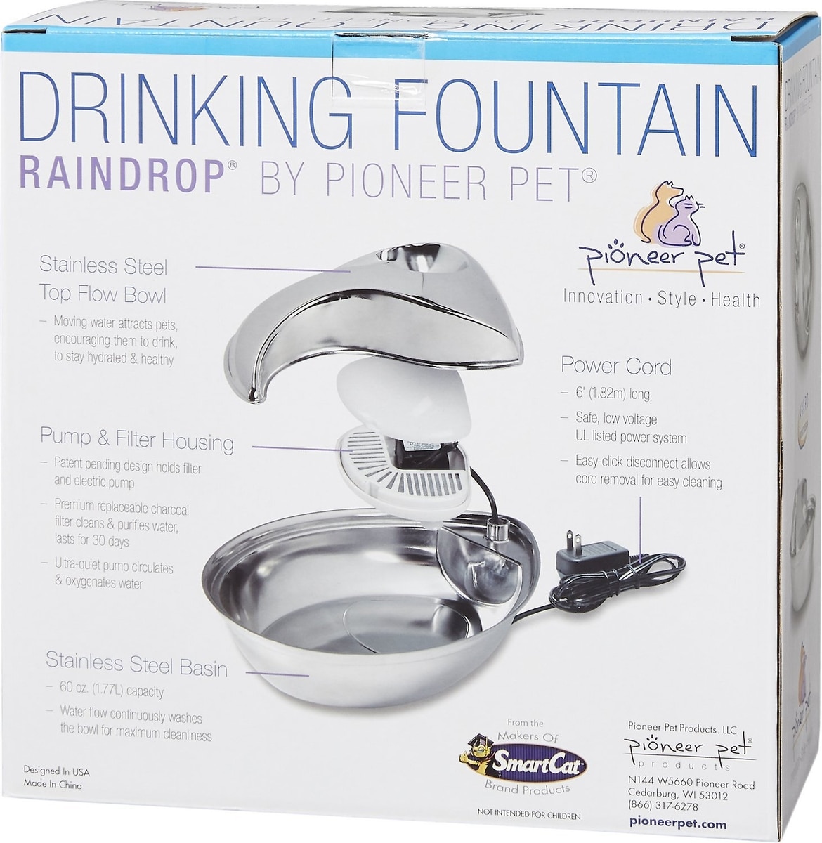 PIONEER PET Stainless Steel Dog Cat Fountain Raindrop Design, 60