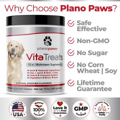 Show full view: Plano Paws Vita Treats 15 in 1 Multivitamins Natural Chicken Flavor Soft Chews Dog Supplement, 120 count slide 5 of 7