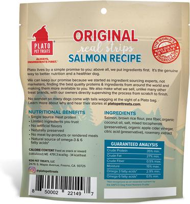 Show full view: Plato Original Real Strips Salmon Recipe Dog Treats, 3-oz bag slide 3 of 6