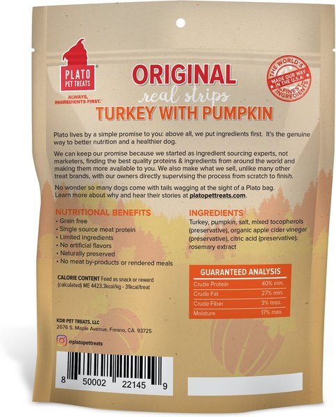 Plato Original Real Strips Turkey & Pumpkin Recipe Grain-Free Dog Treats