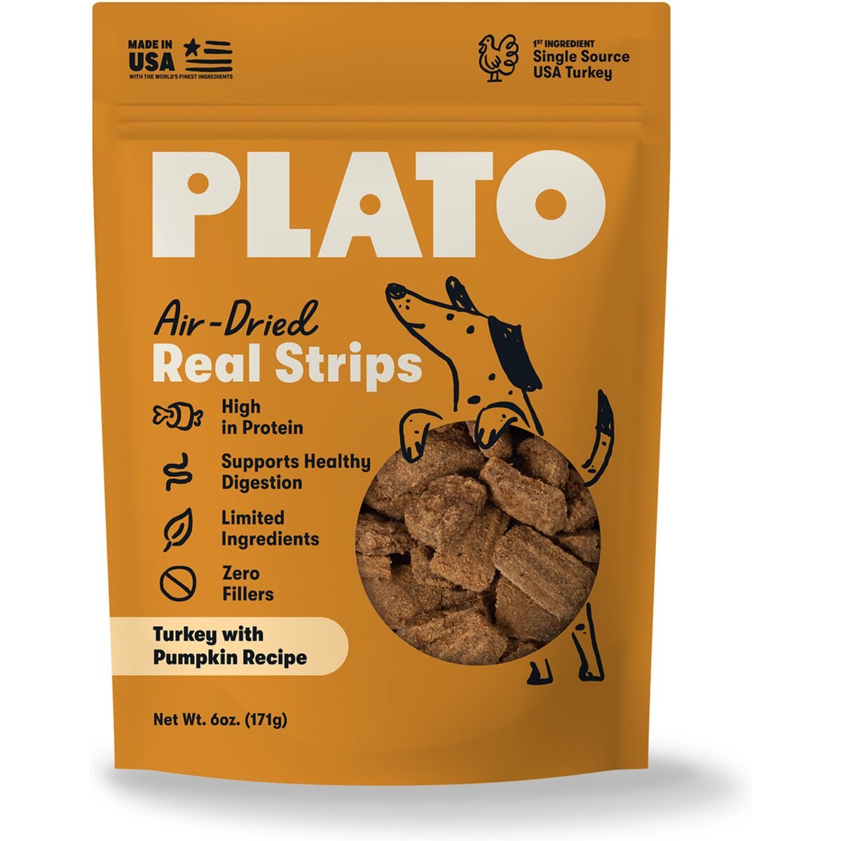 Plato Original Real Strips Turkey & Pumpkin Recipe Grain-Free Dog Treats, 6-oz bag