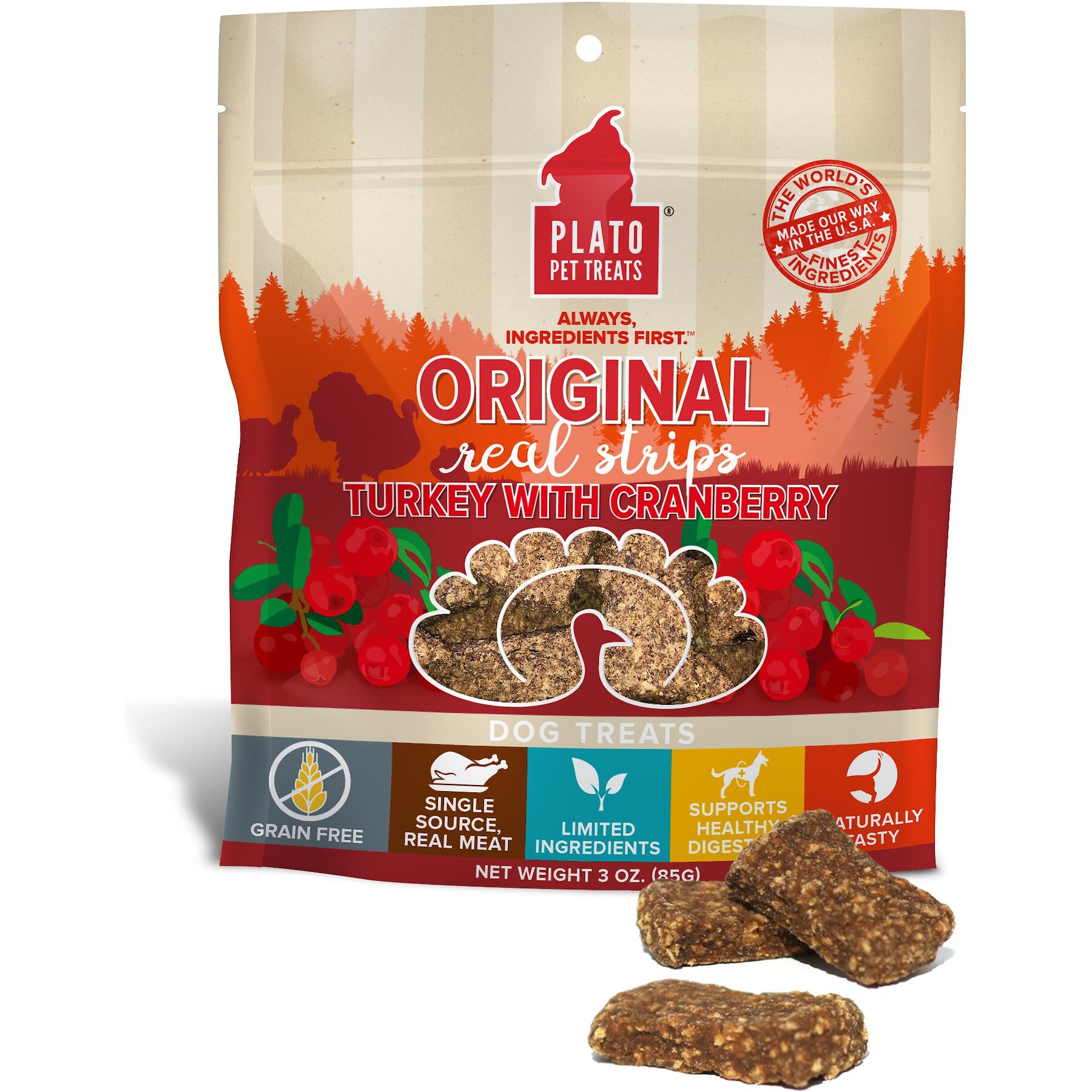 Plato Original Real Strips Turkey & Cranberry Recipe Grain-Free Dog Treats, 3-oz bag