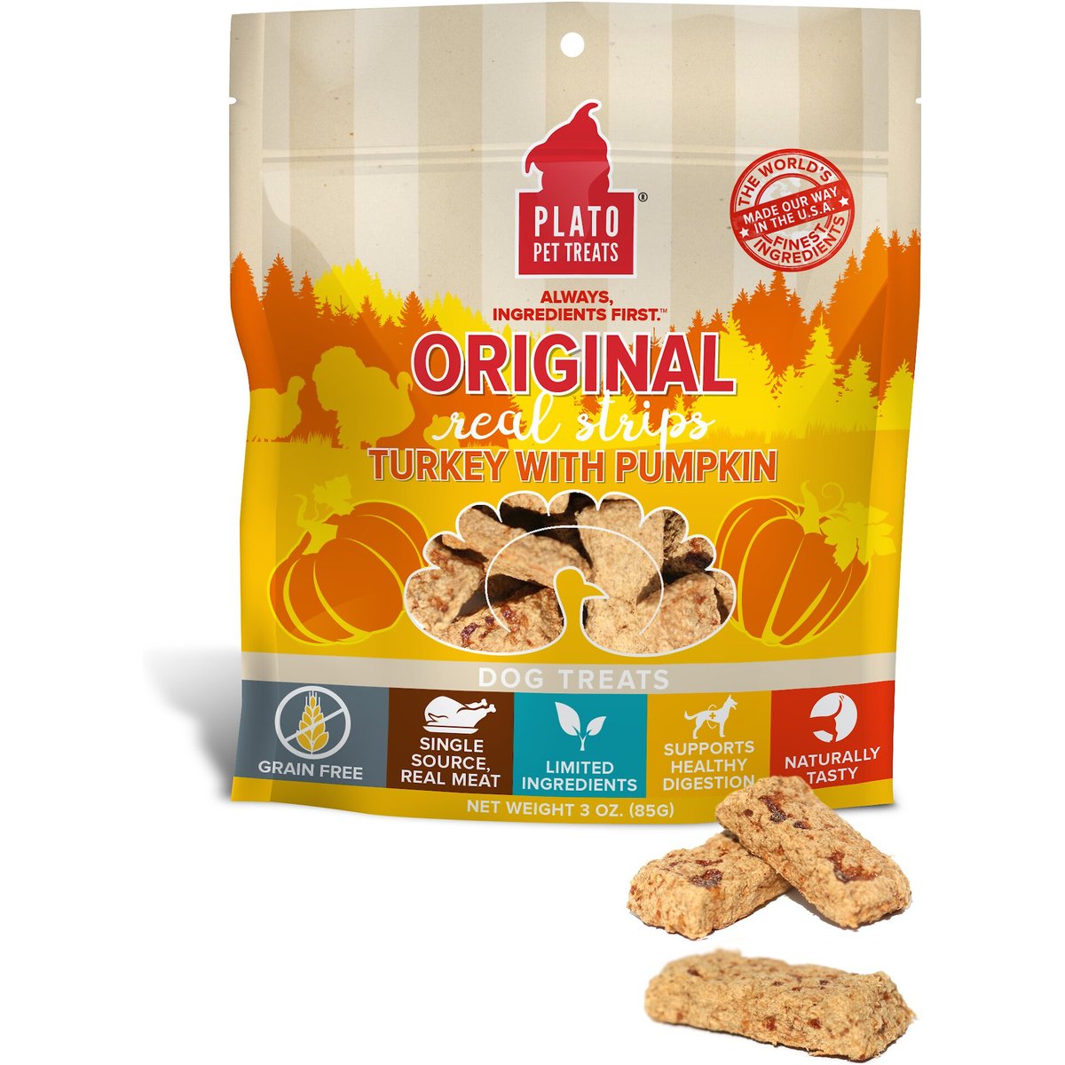 Plato Original Real Strips Turkey & Pumpkin Recipe Grain-Free Dog Treats, 3-oz bag