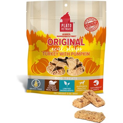 Plato Plato Original Real Strips Turkey & Pumpkin Recipe Grain-Free Dog Treats, 3-oz bag