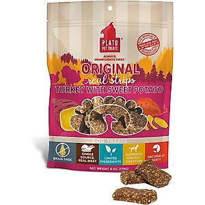 Plato Original Real Strips Turkey with Sweet Potato Grain-Free Dog Treats, 3-oz bag