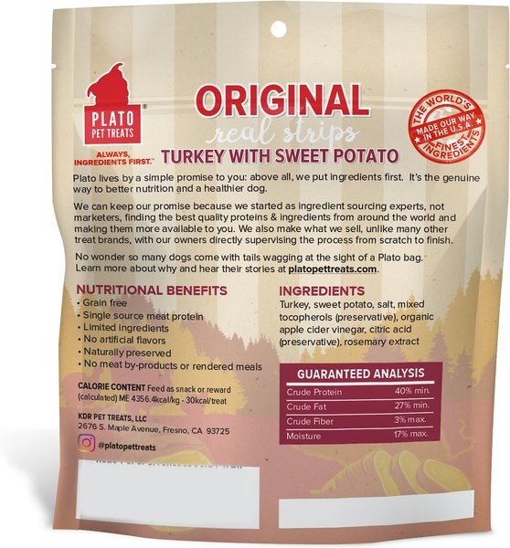Plato Real Strips Turkey with Sweet Potato Grain-Free Dog Treats