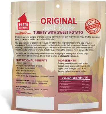 Show full view: Plato Original Real Strips Turkey with Sweet Potato Grain-Free Dog Treats, 3-oz bag slide 3 of 6