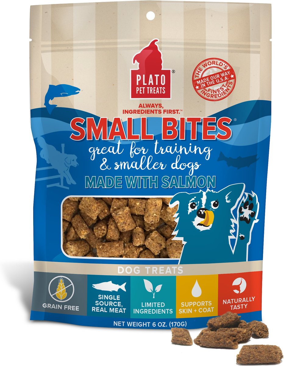 View of PLATO Small Bites Salmon Grain-Free Dog Treats, 6-oz bag - Chewy.com