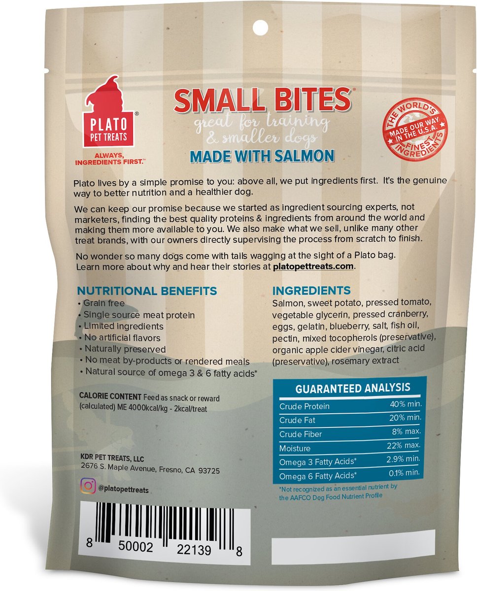 Image showcasing PLATO Small Bites Salmon Grain-Free Dog Treats, 6-oz bag - Chewy.com