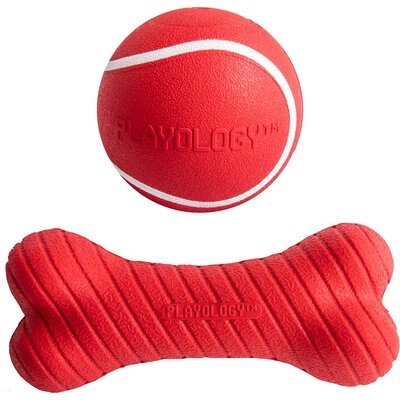Playology Playology All Natural Squeaky Chew Ball, Medium/Large, Beef Scented + Dual Layer Bone Dog Toy, Medium, Beef Scented