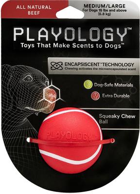Show full view: Playology All Natural Squeaky Chew Ball, Medium/Large, Beef Scented + Squeaky Chew Ball Dog Toy, Medium/Large, Peanut Butter Scented slide 2 of 10