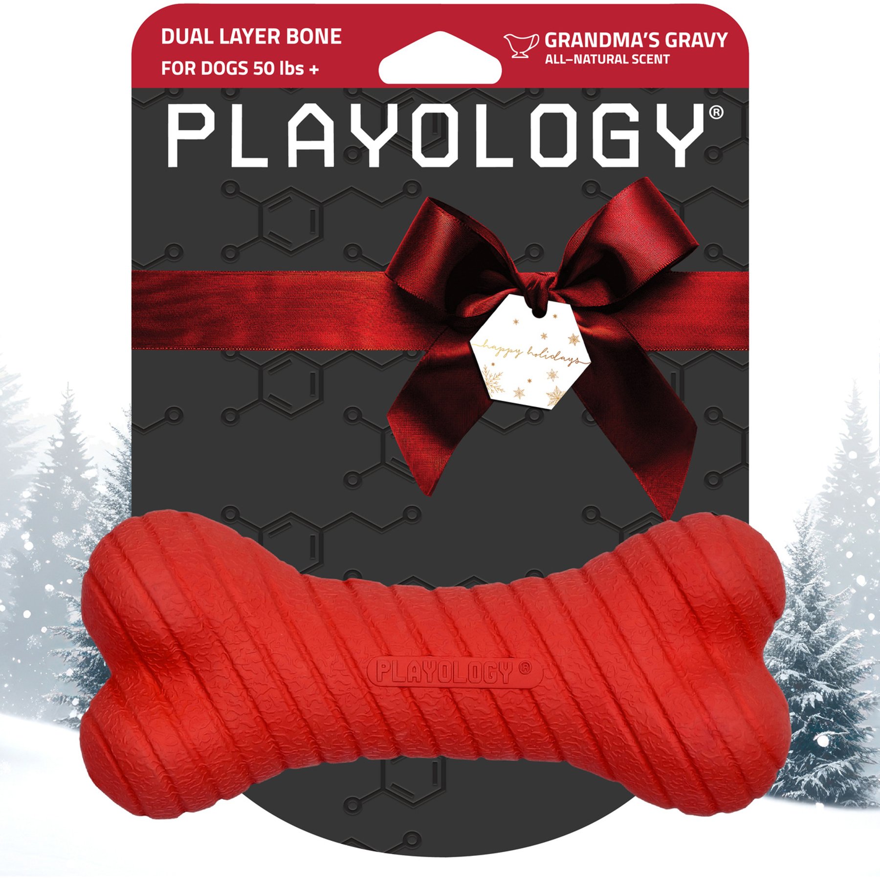 Playology Christmas Holiday Gravy Scented Dual Layer Bone Dog Toy, Red, Jumbo
