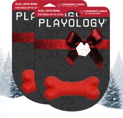 Playology Christmas Holiday Gravy Scented Dual Layer Bone Dog Toy, Red, Small 2-Pack