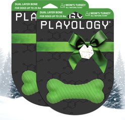 Playology Christmas Holiday Turkey Scented Dual Layer Bone Dog Toy, Green, Small 2-Pack