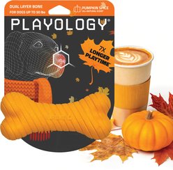 Playology Halloween Pumpkin Spice Scented Dual Layer Bone Dog Toy, Orange, Medium