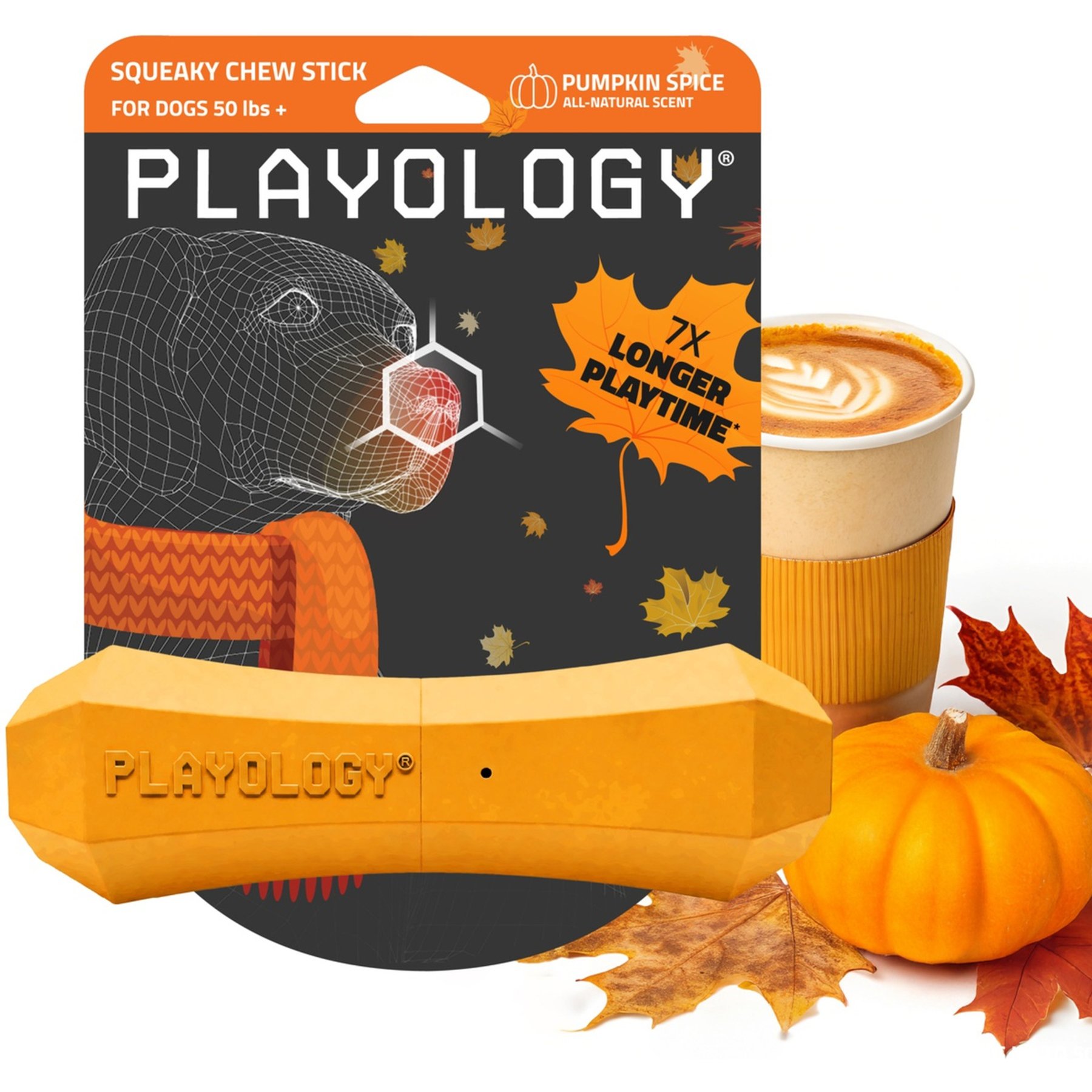 Playology Halloween Pumpkin Spice Scented Squeaky Chew Stick Dog Toy, Orange, Jumbo