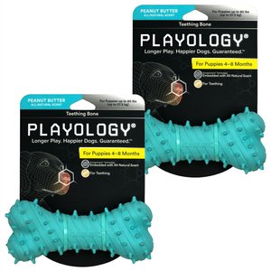 Playology Peanut Butter Scented Young & Active Teething Bone Dog Toy, Jumbo, 2 count