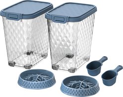 PLAYRANK 3-Piece Airtight Stackable Dog Food Storage Container Combo with Scoop & Feeder Bowl, Clear/Blue, Large, 100-lb, 2 count
