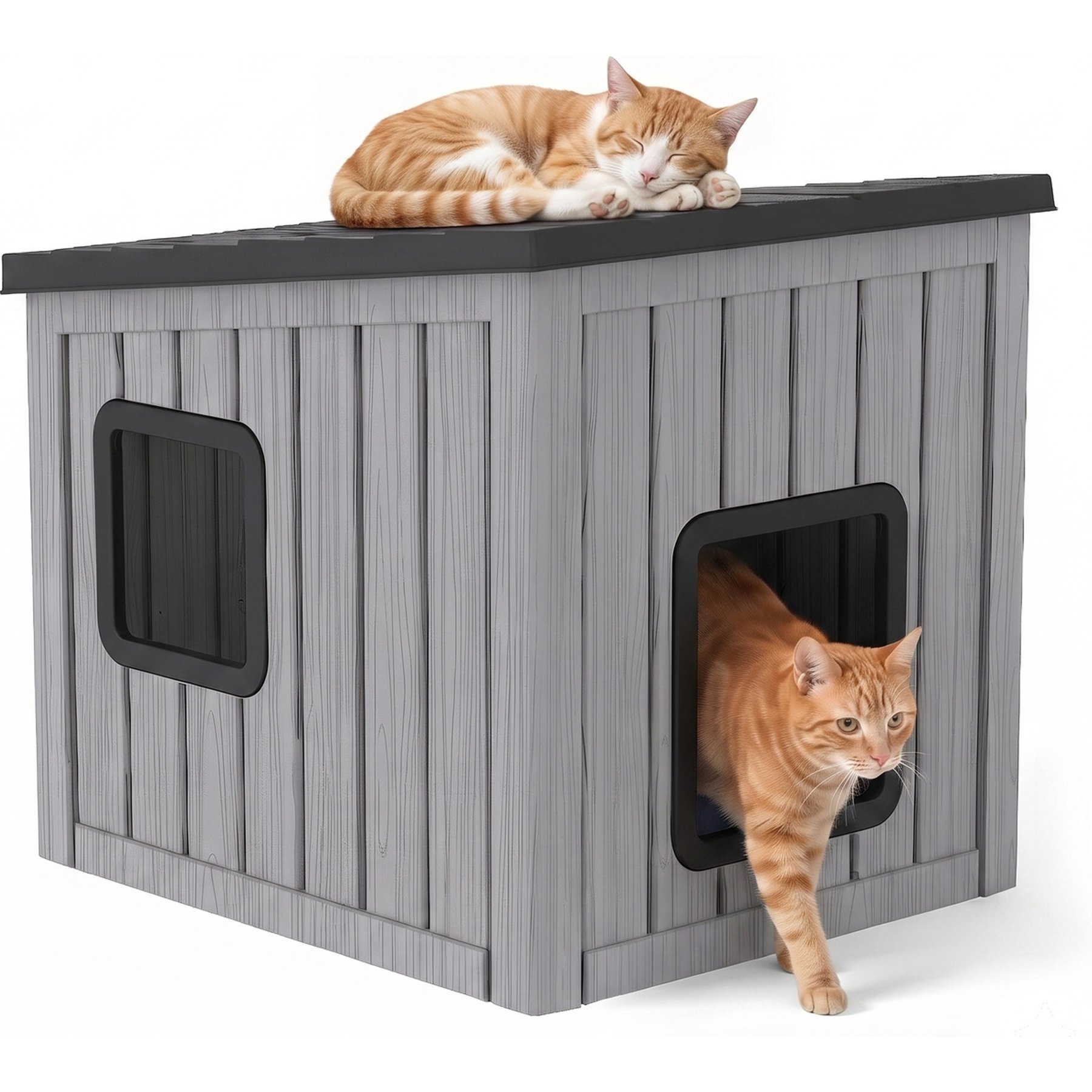 PLAYRANK All Weather Indoor & Outdoor Box-Style Cat House, 24.65 x 21.5 x 22.21-in, Black/Gray