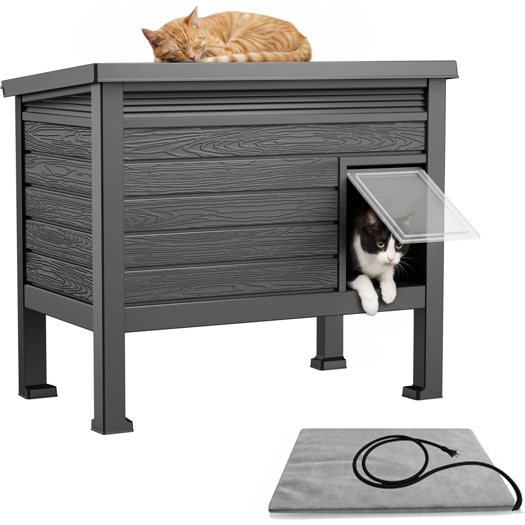 PLAYRANK Outdoor Heated Kitty Cat House with Mat, Black, 31.02 x 19.09 x 26.73-in