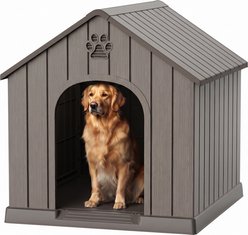 PLAYRANK Resin Outdoor Dog House with Elevated Platform, Large: 38.62 x 36.26 x 38.07-in, Grey