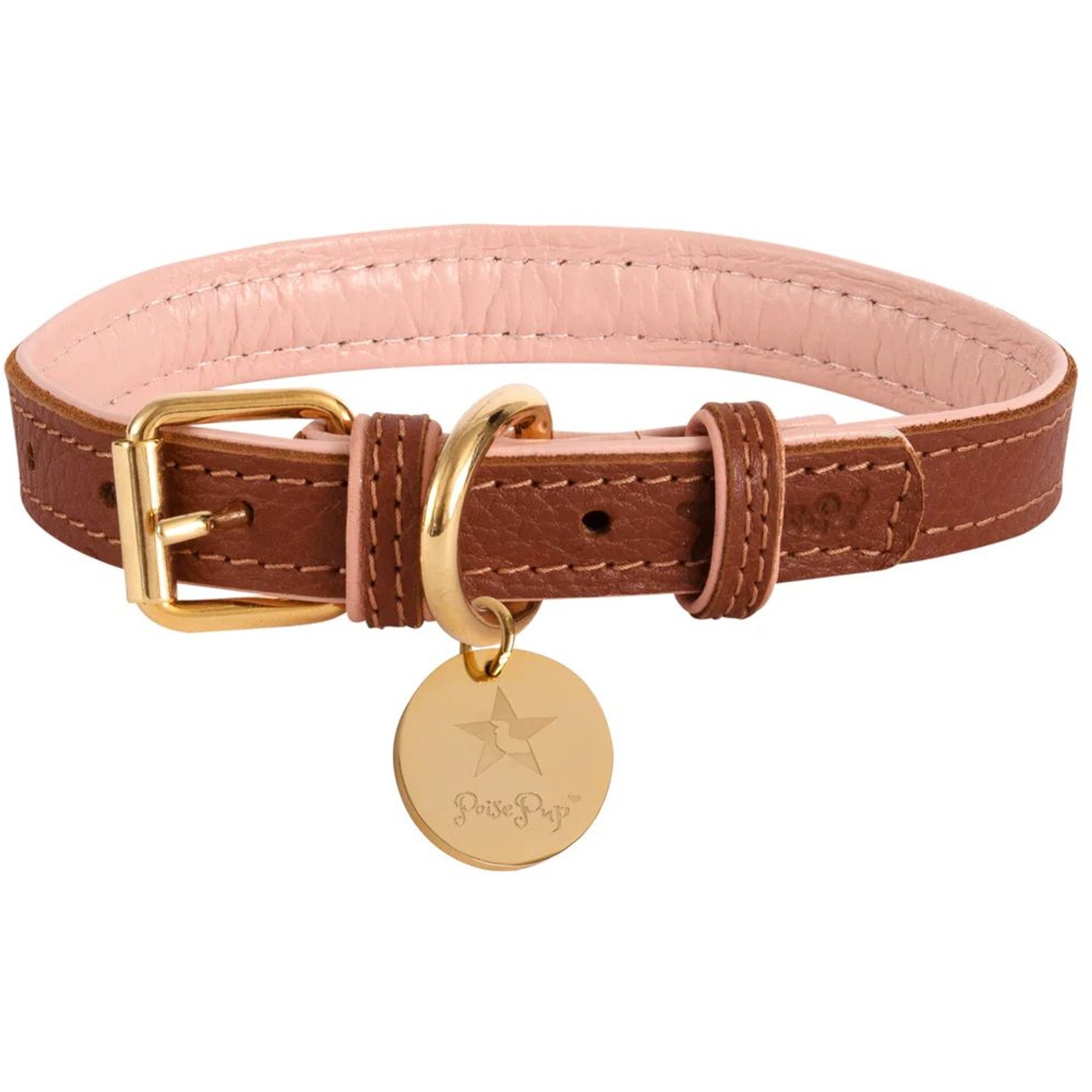 PoisePup Bella Rose Leather Standard Dog Collar, Brown/Light Pink, Medium: 12.5 to 15.7-in neck, 3/4-in wide