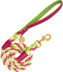 PoisePup Candy Swirl Leather Handle Rope Dog Leash, Pink/Green, 5-ft long, 1/2-in wide