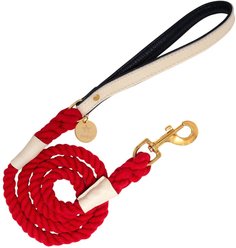 PoisePup Hot Marine Leather Handle Rope Dog Leash, White/Red/Blue, 5-ft long, 1/2-in wide