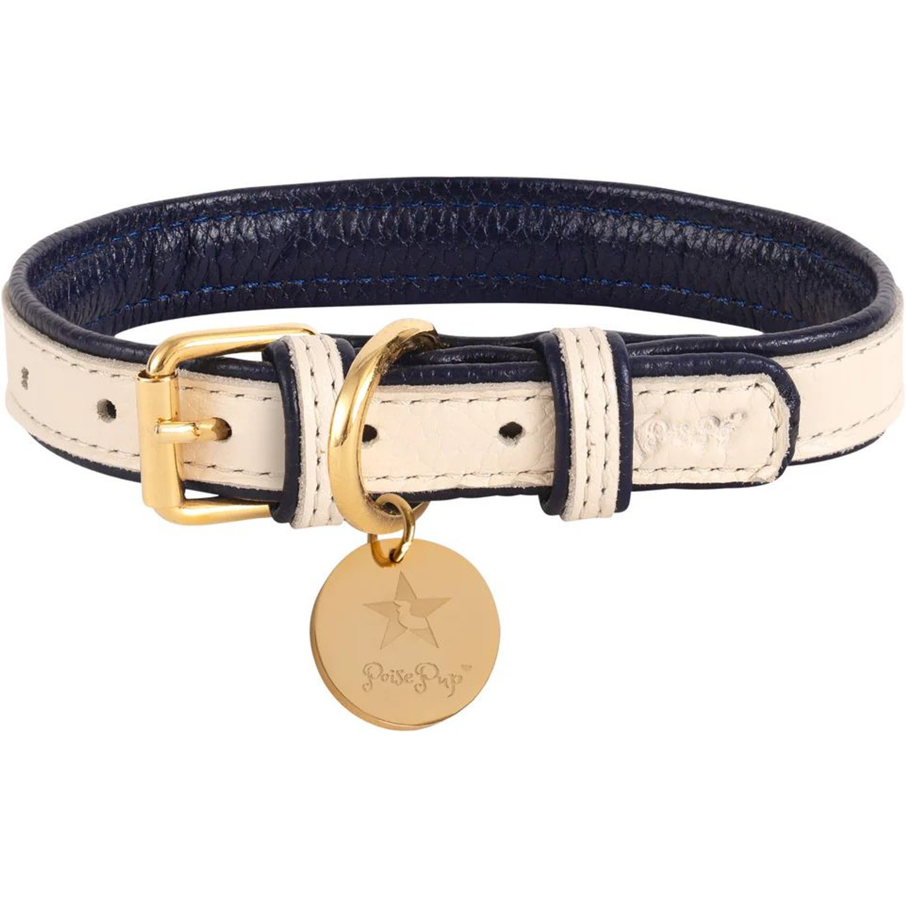 PoisePup Hot Marine Leather Standard Dog Collar, White/Blue, Large: 15.7 to 18.8-in neck, 0.9-in wide