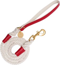 PoisePup Melting Hearts Leather Handle Rope Dog Leash, White/Red, 5-ft long, 1/2-in wide