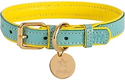 PoisePup Sunshine Babe Leather Standard Dog Collar, Light Blue/Yellow, Small: 9.5 to 12.5-in neck, 3/4-in wide