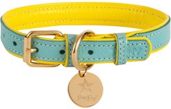 PoisePup Sunshine Babe Leather Standard Dog Collar, Light Blue/Yellow, X-Large: 18.8 to 22-in neck, 0.9-in wide