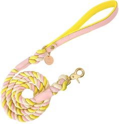 PoisePup Sweetest Thing Leather Handle Rope Dog Leash, Light Pink/Yellow, 5-ft long, 1/2-in wide