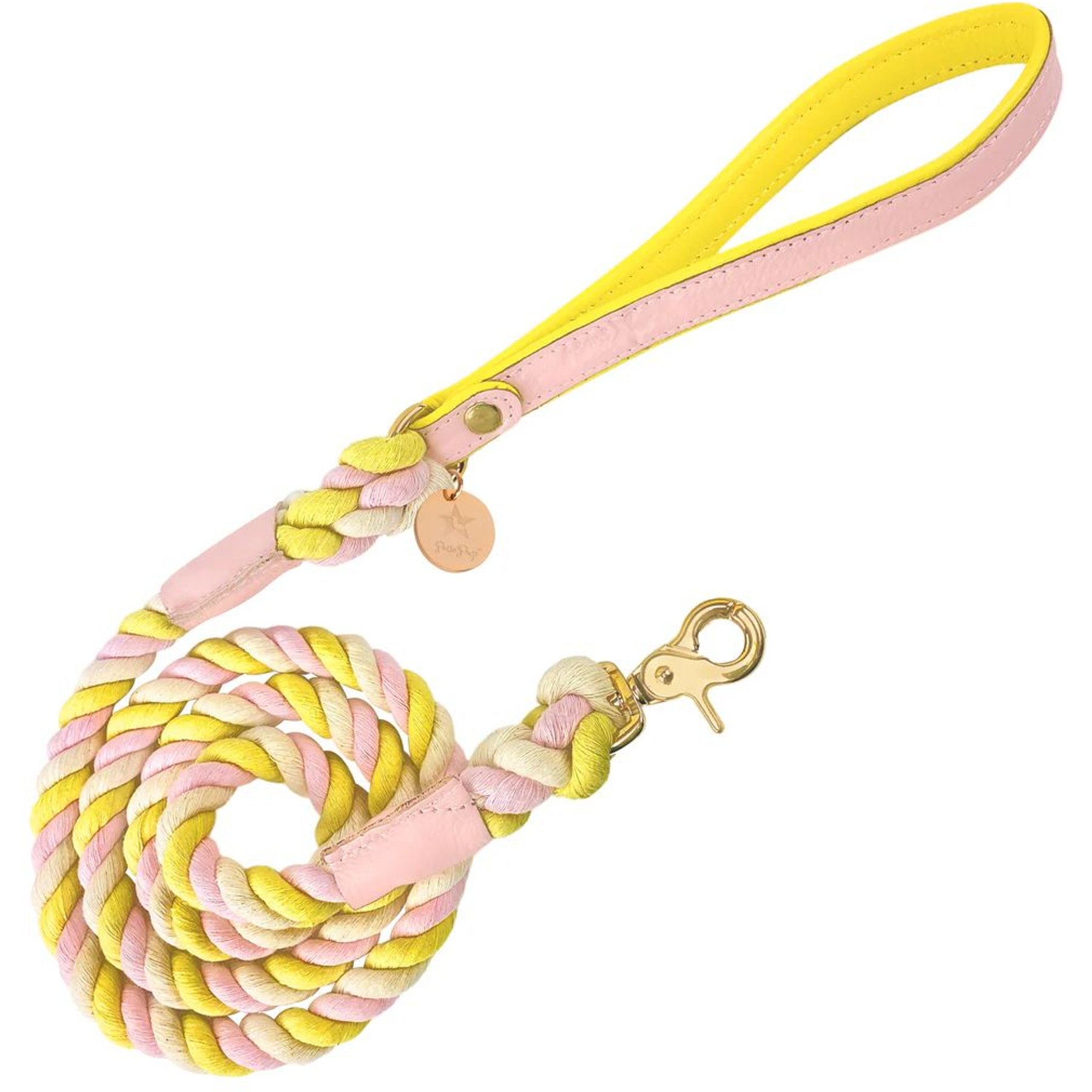 PoisePup Sweetest Thing Leather Handle Rope Dog Leash, Light Pink/Yellow, 5-ft long, 1/2-in wide