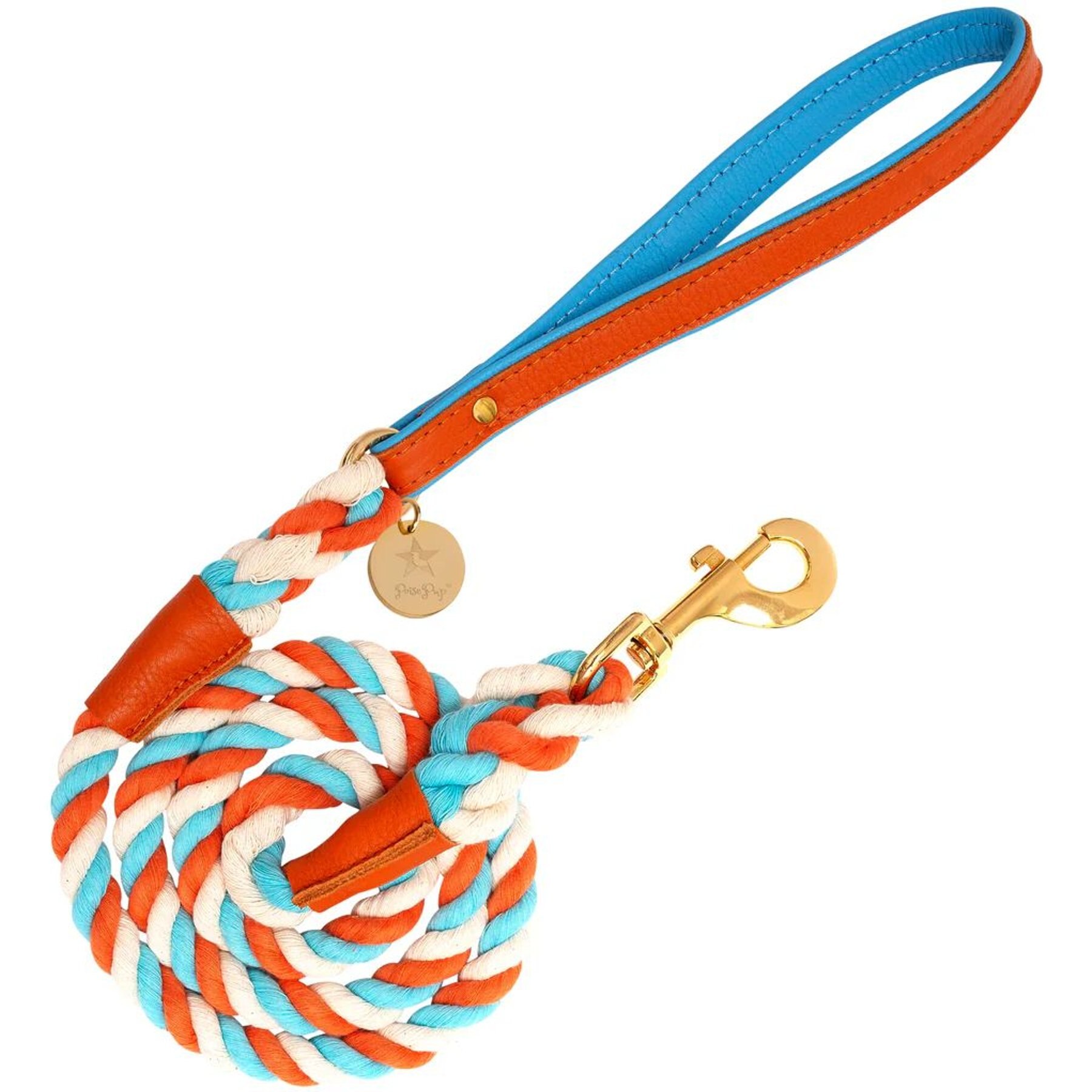 PoisePup Vibrant Sunset Leather Handle Rope Dog Leash, Orange/Blue, 5-ft long, 1/2-in wide