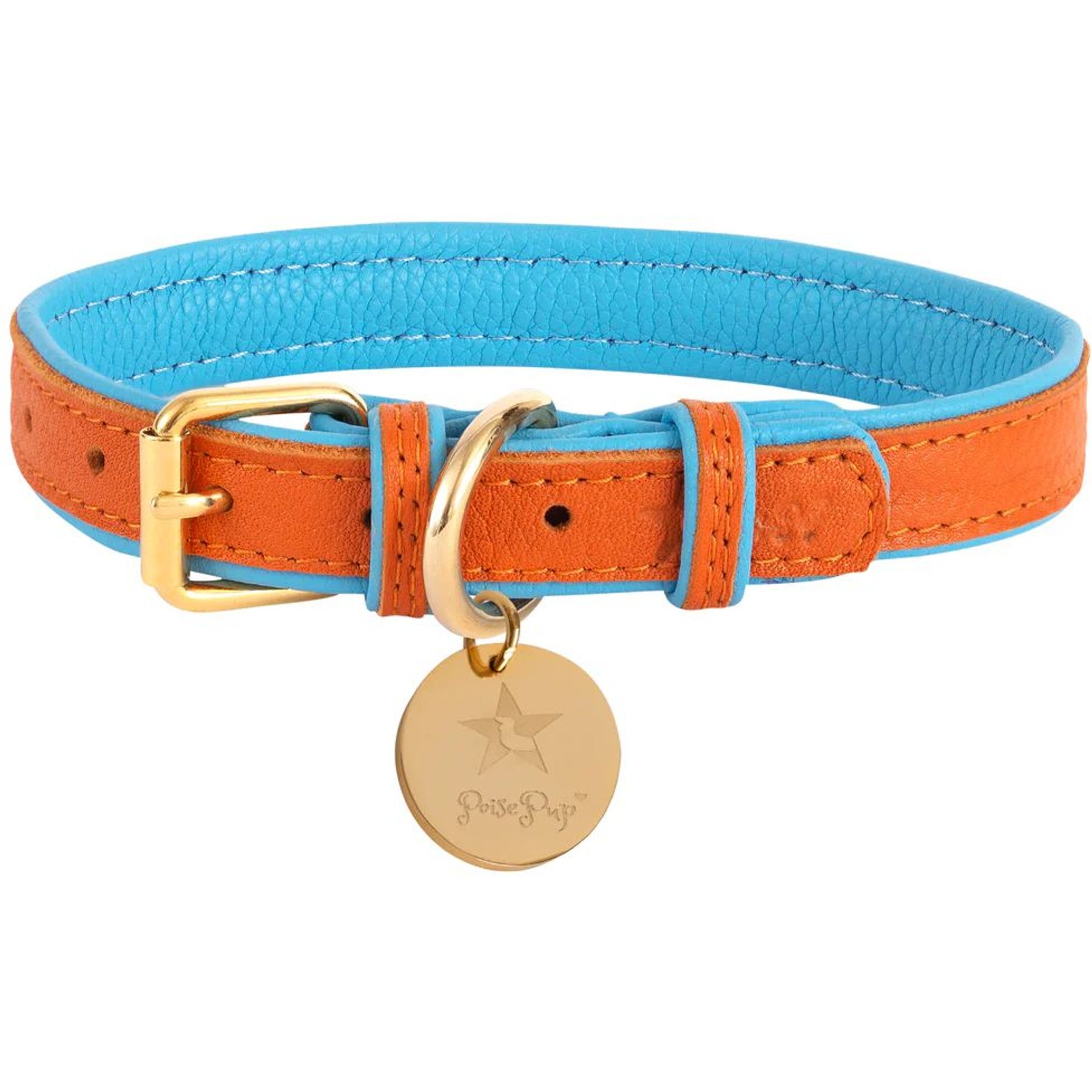 PoisePup Vibrant Sunset Leather Standard Dog Collar, Orange/Blue, X-Small: 7.1 to 9.5-in neck, 1/2-in wide