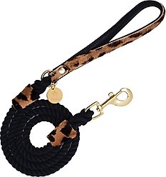 PoisePup Wildest One Leather Handle Rope Dog Leash, Black/Leopard, 5-ft long, 1/2-in wide