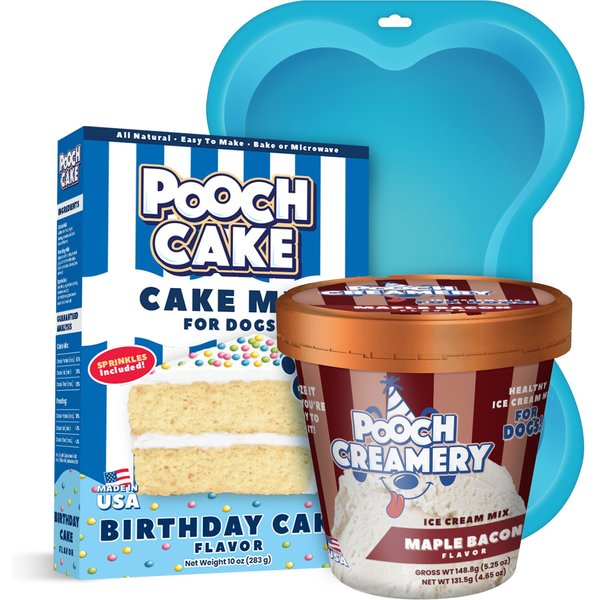 Pooch Cake Basic Starter Plus Birthday Cake Mix with Cake Mold Kit & Pooch Creamery Peanut Butter Ice Cream Dog Birthday Cake, 10-oz box