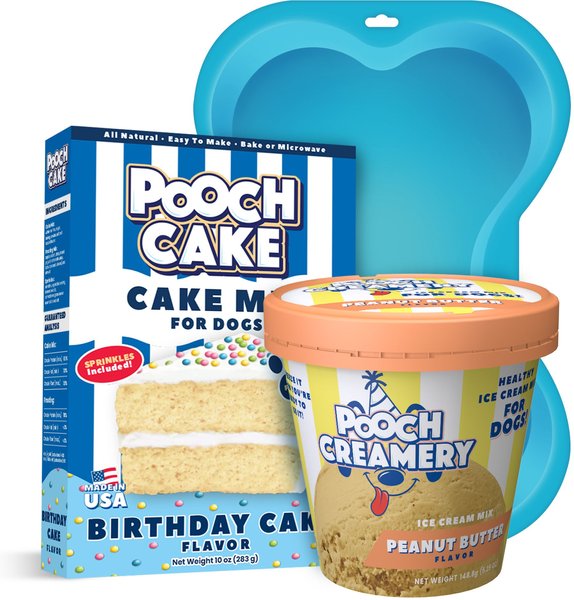 Pooch Cake Basic Starter Plus Peanut Butter Cake Mix with Cake Mold Kit & Pooch Creamery Birthday Cake Ice Cream Dog Birthday Cake, 9-oz box & 5.25-oz carton