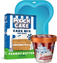 Pooch Cake Basic Starter Plus Peanut Butter Cake Mix with Cake Mold Kit & Pooch Creamery Maple Bacon Ice Cream Dog Birthday Cake, 9-oz box & 5.25-oz carton