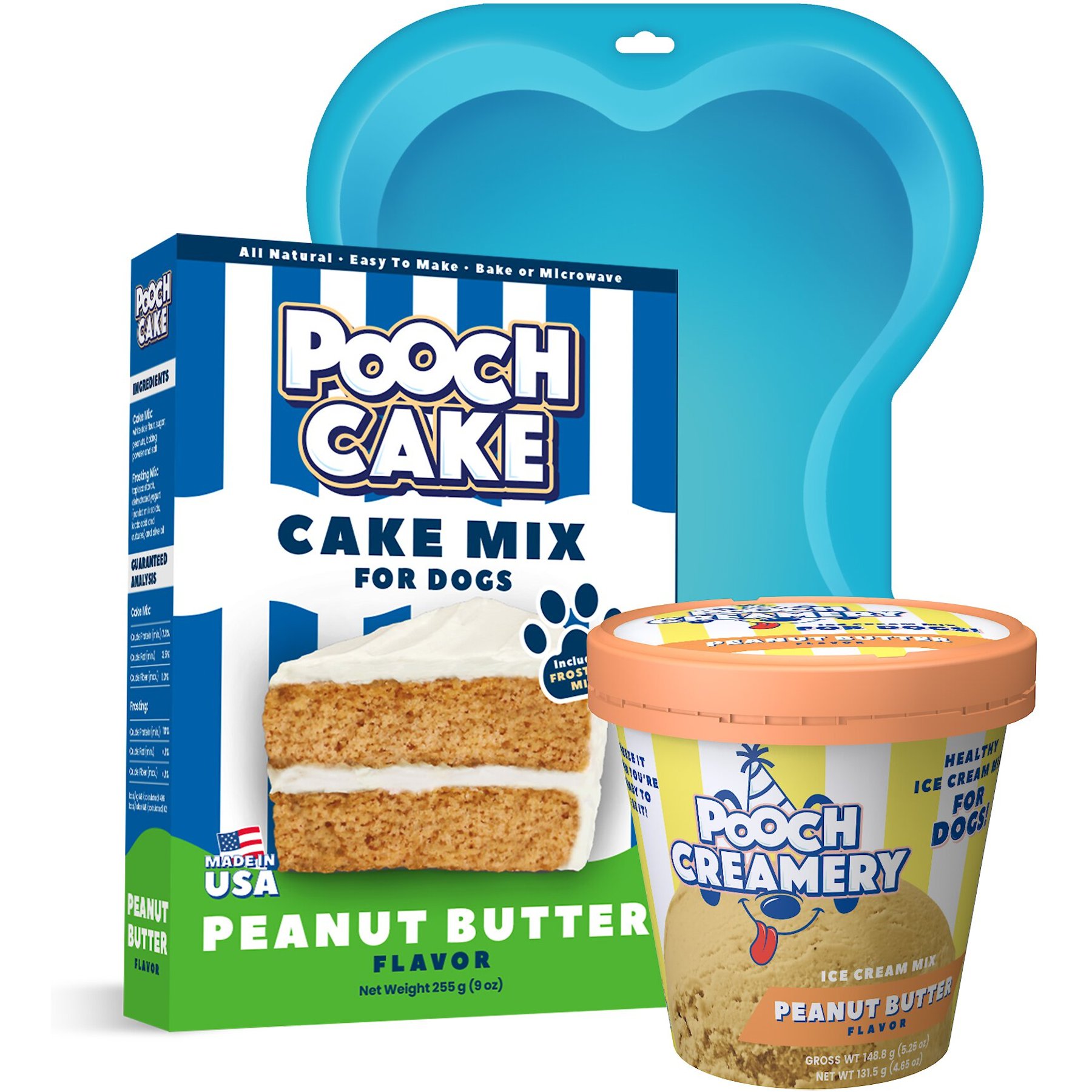Pooch Cake Basic Starter Plus Peanut Butter Cake Mix with Cake Mold kit & Pooch Creamery Peanut Butter Ice Cream Dog Birthday Cake, 9-oz box & 5.25-oz carton