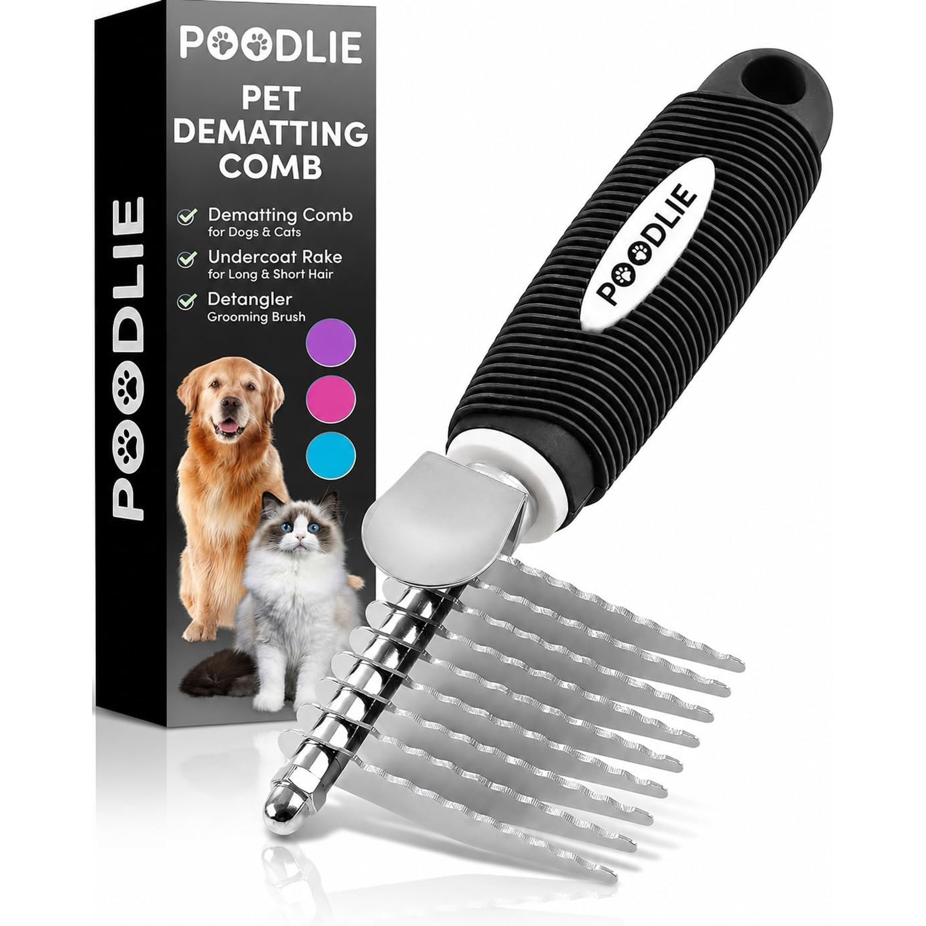 POODLIE Poodle Dematting Fur Rake Dog & Cat Comb Brush, Black