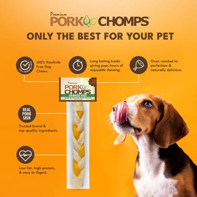 Show full view: Pork Chomps 10-inch Braid Roasted Pork Skin & Peanut Butter Flavor Hard Dog Chew Treats slide 5 of 9